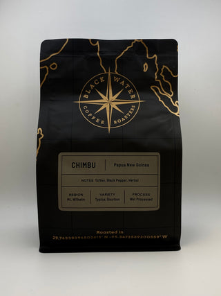 Black coffee bag with gold accents featuring 'Black Water Coffee Roasters' on a white background with a Chimbu (Papua New Guinea) label