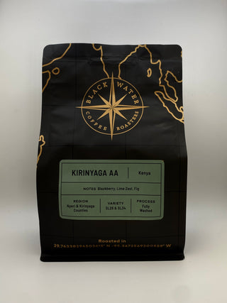 Black coffee bag with gold accents featuring 'Black Water Coffee Roasters' on a white background with a Kirinyaga AA (Kenya) label